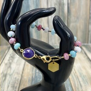 Gold-Plated Multicolor Beaded Bracelet with Purple Gem Accent